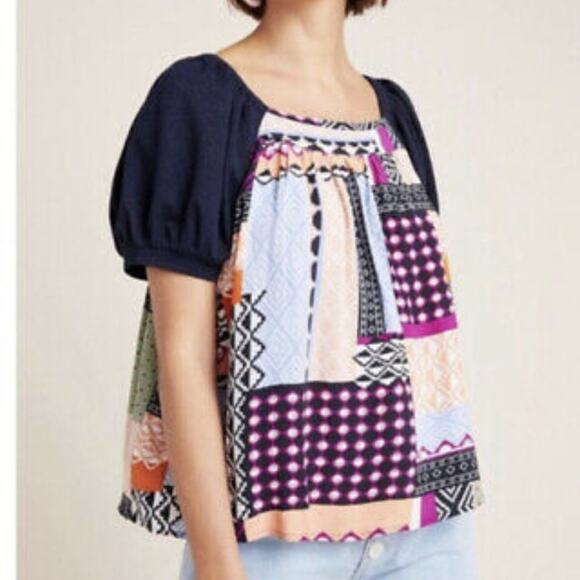 Anthro Maeve Catiana Patchwork Puff-Sleeve Blouse - Picture 2 of 8